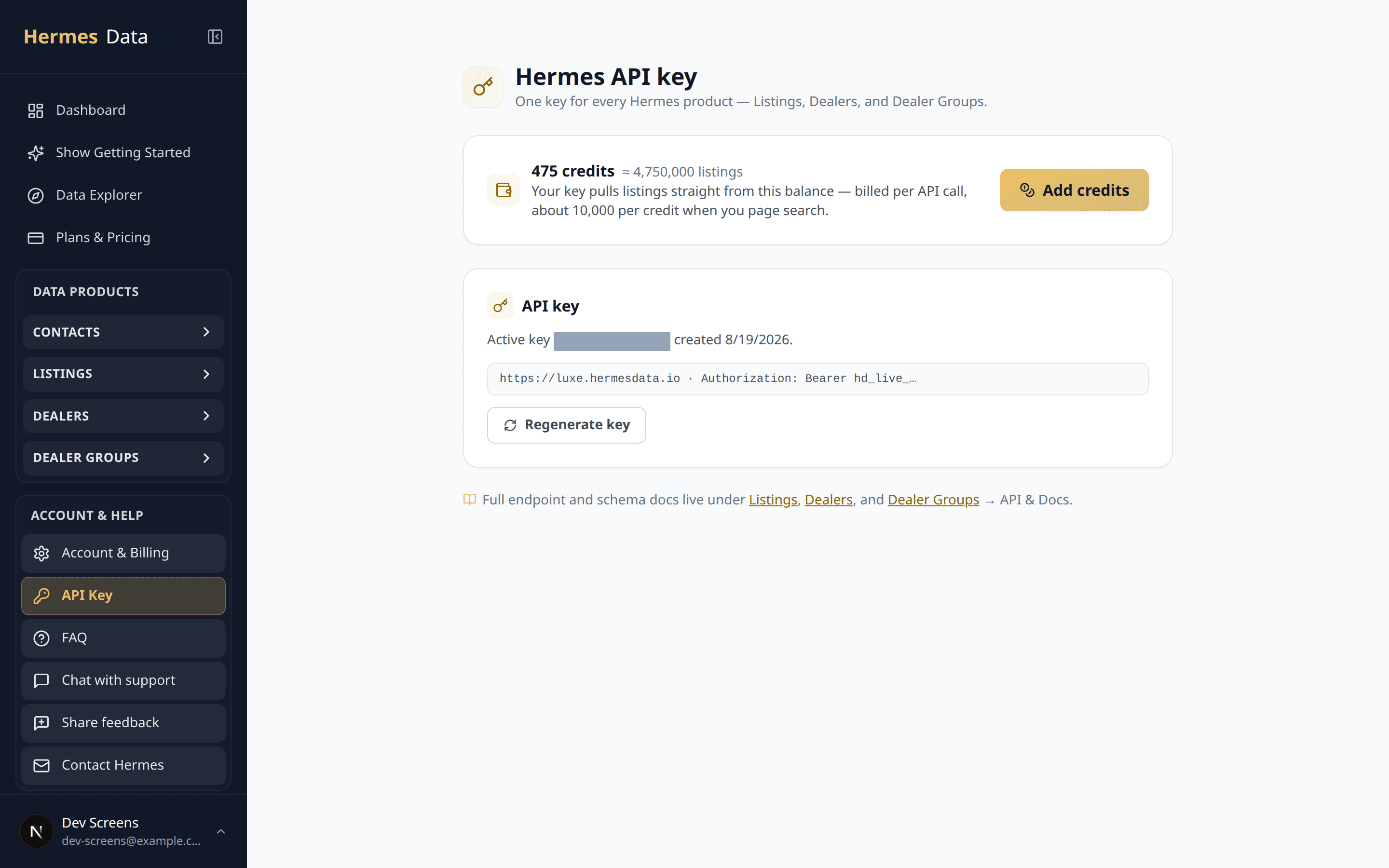 The Hermes API key screen: an active key, the base URL and Bearer auth header, and a Regenerate key button.