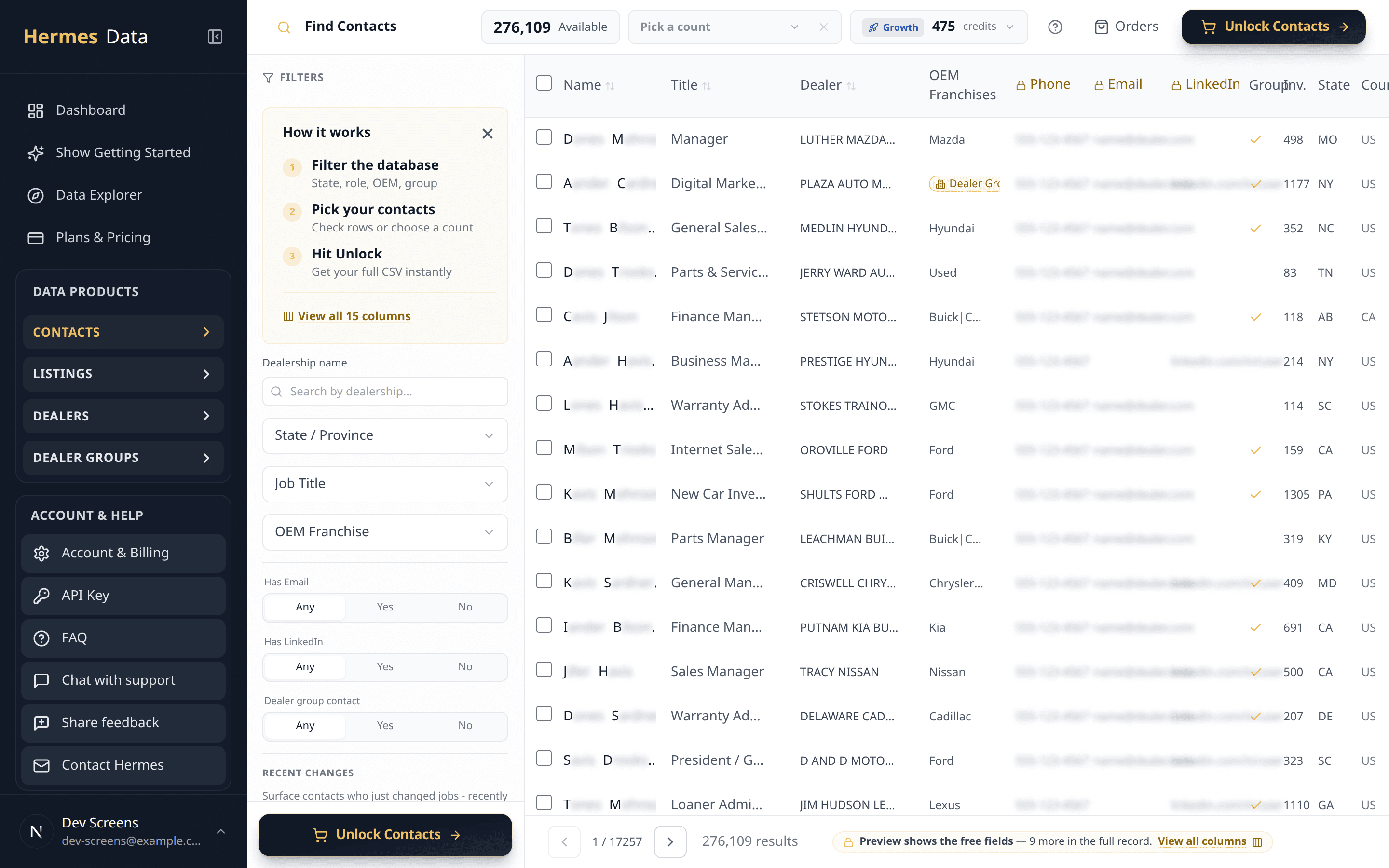 The Contacts screen in the portal: filters for dealership name, state, job title and OEM franchise on the left, and a results grid showing 276,134 matching contacts with masked names.