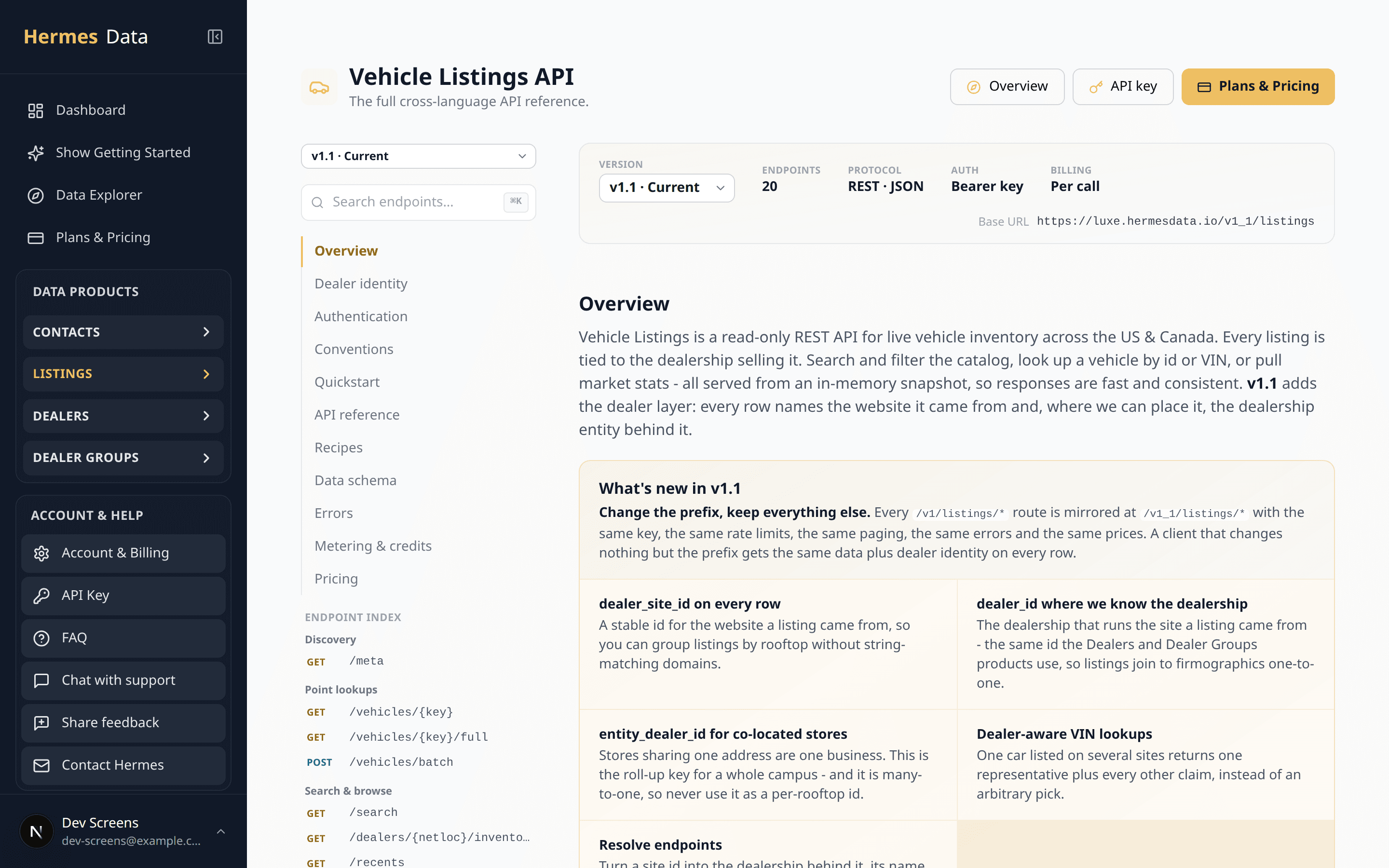 The Vehicle Listings API reference inside the portal: version 1.1, 20 endpoints, REST and JSON over a Bearer key, billed per call, with an endpoint index for search, point lookups and batch reads.