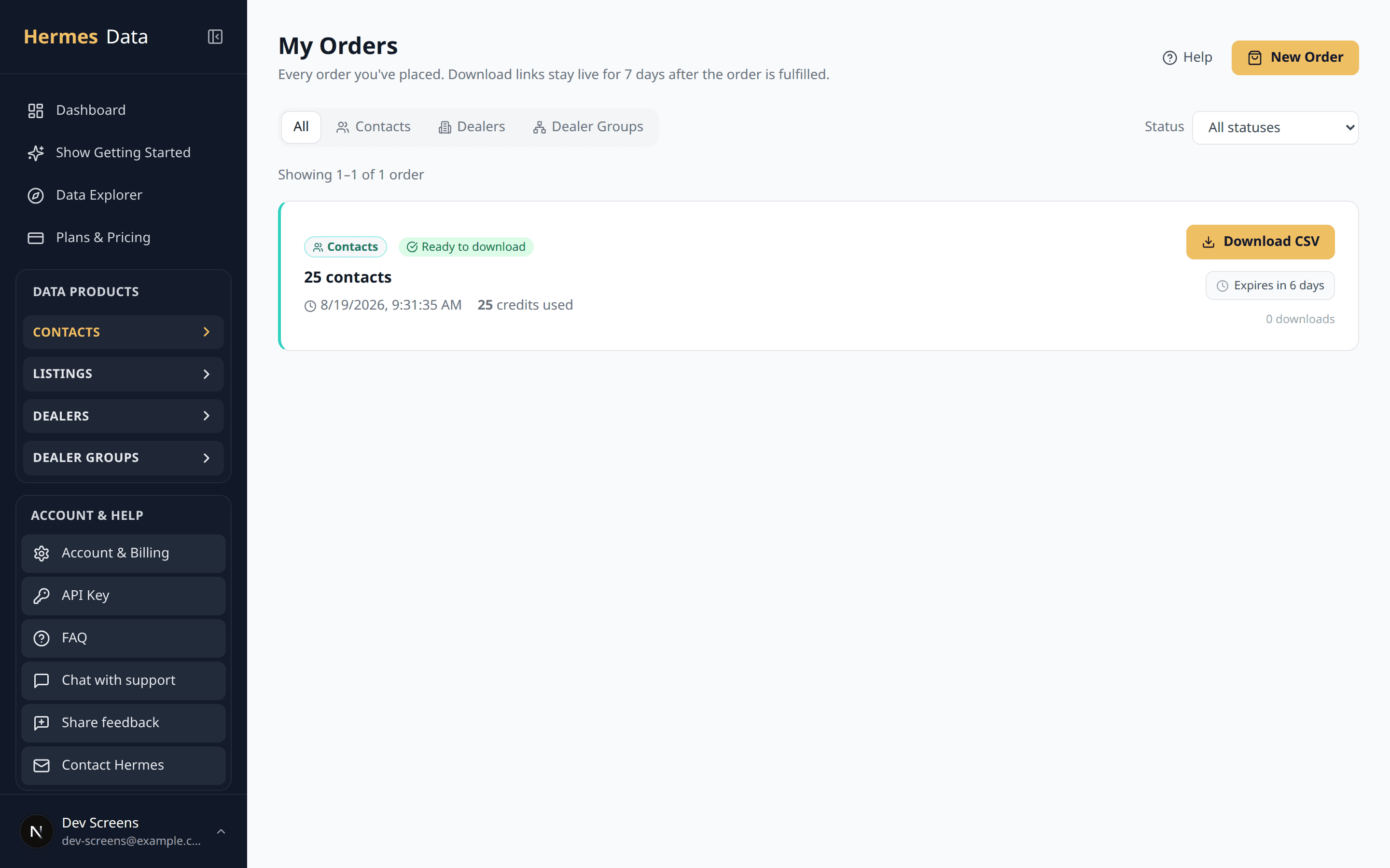 The My Orders screen: a fulfilled order for 25 contacts, marked ready to download, with a Download CSV button.